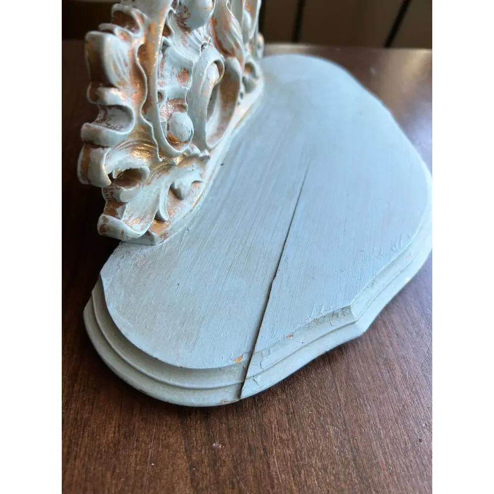2 Vintage Syroco wood wall shelves shabby chic Regency gold light blue paint 12”